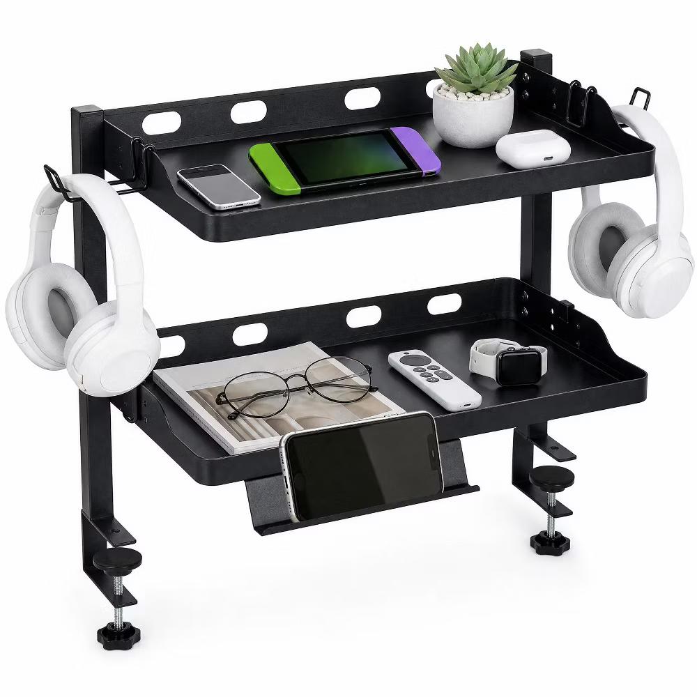 Adjustable 2-Tier over or Under Desk Mount Storage Rack –Multi-Functional Desktop and Under Desk Shelf Tray for Office Supplies