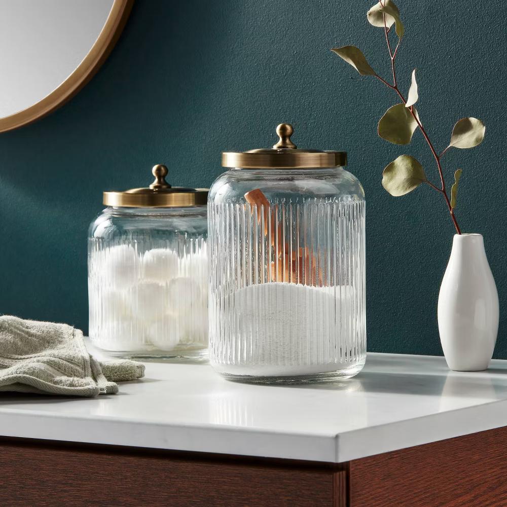 Large Bath Glass Canister Brass - Elegant Storage Solution for Bathroom Essentials, 57.4oz Capacity