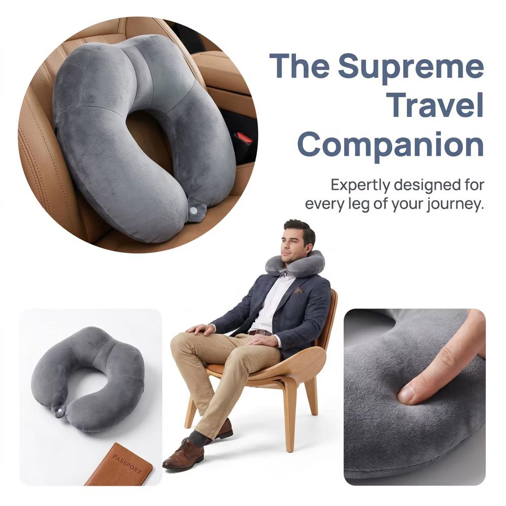 U‑Shape Memory Foam Travel Neck Pillow with Snap Closure Plush Cover 1Pc - Image 2