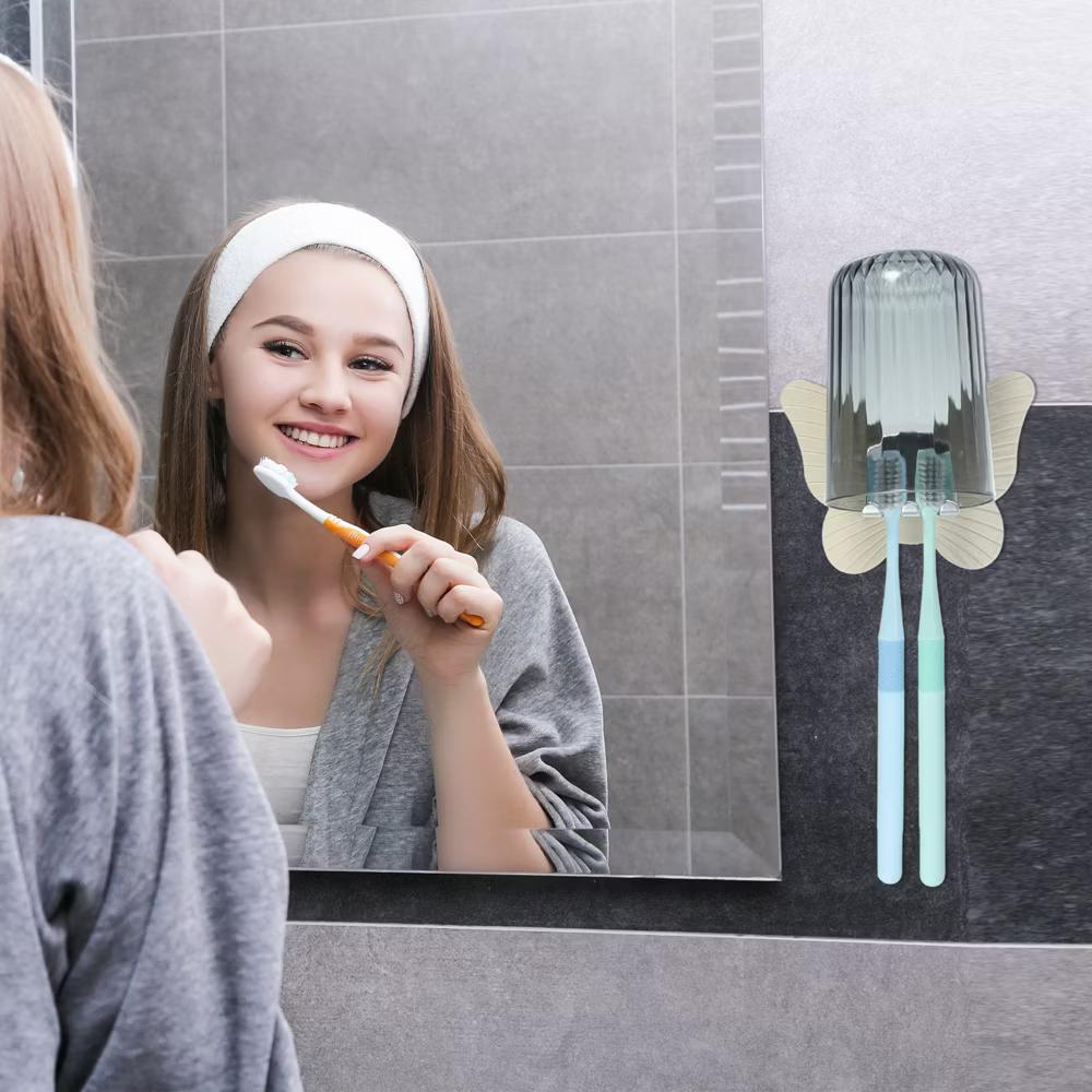 Bathrooms Wall Mounted Butterfly Shape Toothbrush Holder with Cup Beige 4.33"x3.35" 1 Set - Image 2