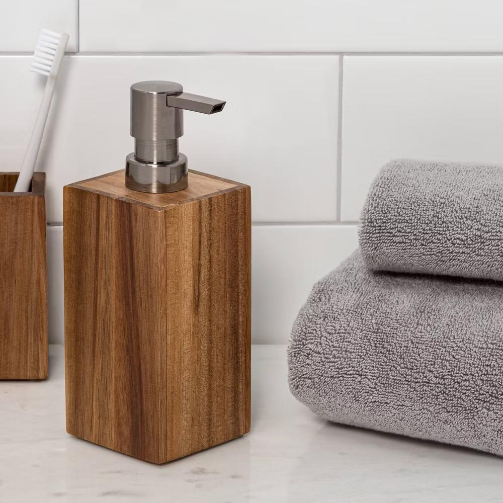 Medium Acacia Soap Pump Natural - Wooden Bathroom Dispenser, Spot Clean, 270ml Capacity - Image 2