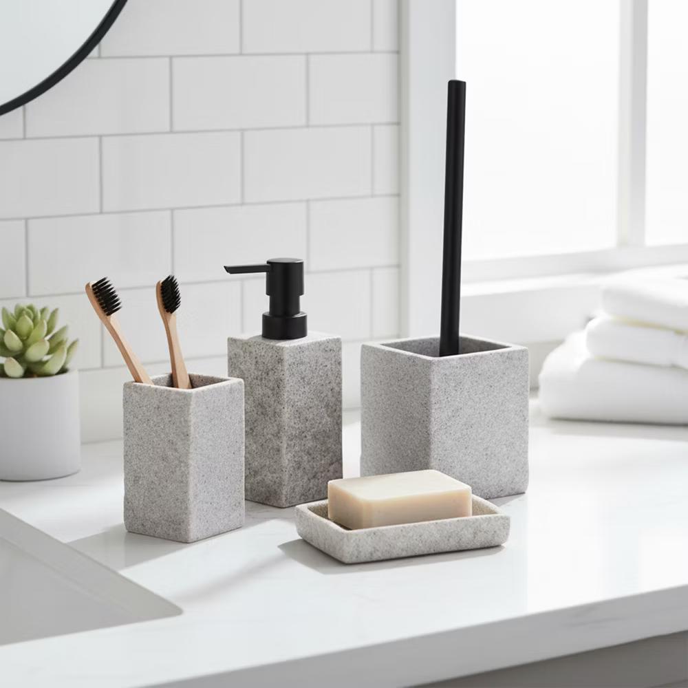 French Home Goods Modern Square Resin Stone Effect Bathroom Tumbler – Versatile Toothbrush Holder, Makeup Brush Cup and Countertop Organizer - Image 14