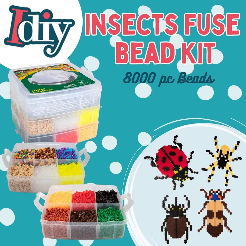 8,000pc DIY Fuse Bead Kit w Carrying Case - Bugs and Insects- 21 Colors, 12 Unique Templates, 4 Peg Boards, Tweezers, Ironing Paper - Image 3