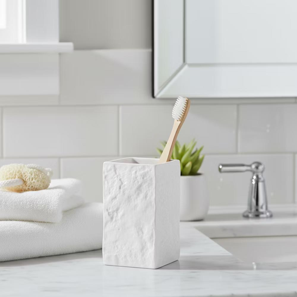 French Home Goods Modern Square Resin Stone Effect Bathroom Tumbler – Versatile Toothbrush Holder, Makeup Brush Cup and Countertop Organizer - Image 30
