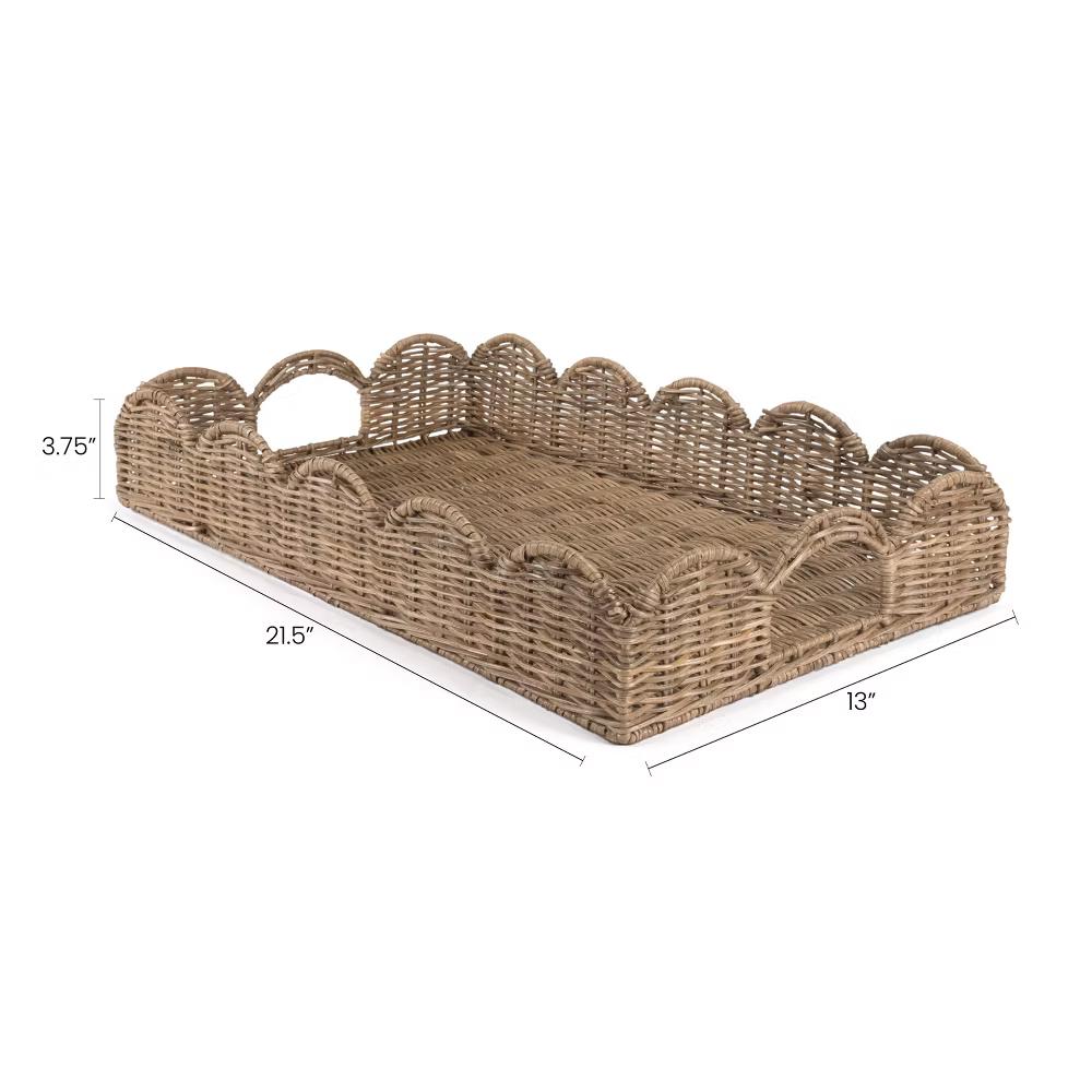 happimess Scalloped 21.5" Southwestern Cottage Hand-Woven Rattan Tray with Handles - Image 13