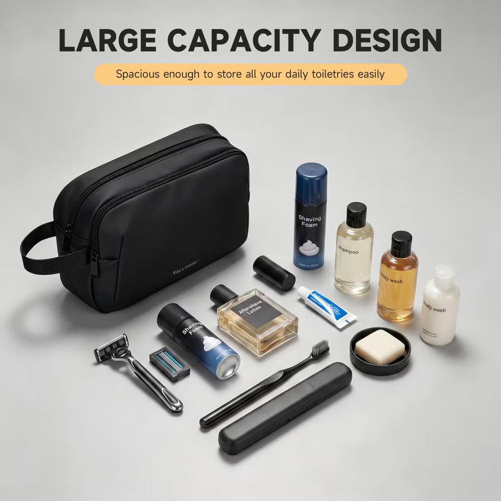 Tirrinia Men's Waterproof Travel Toiletry Bag, Hanging Emergency Beauty Bag, Wet-Dry Separation Dopp Kit, Black - Image 3