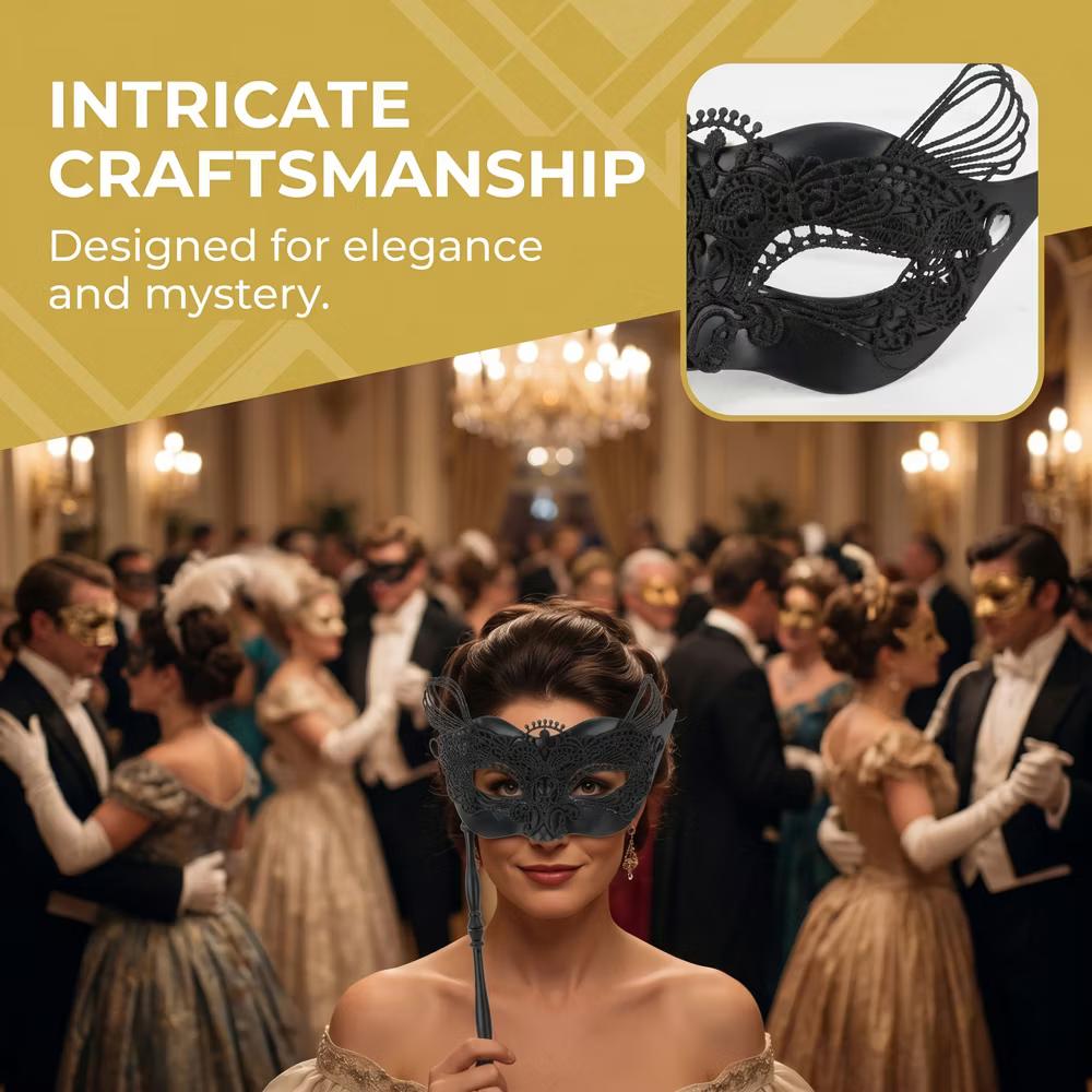 Handheld Masquerade Molded Venetian Plastic Eye Mask with Stick - Image 26