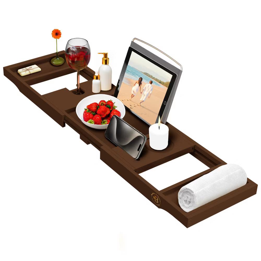 Luxury Bamboo Bathtub Tray Caddy - Brown Expandable and Foldable Non-Slip Bath Caddy with Book, Tablet, Wine Glass Holder - Unique Gift for Her or Him - Image 9