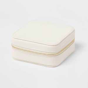 Small Travel Accessory Organizer Off-White - Jewelry Storage with Inside Mirror, Faux Leather, Adult Use