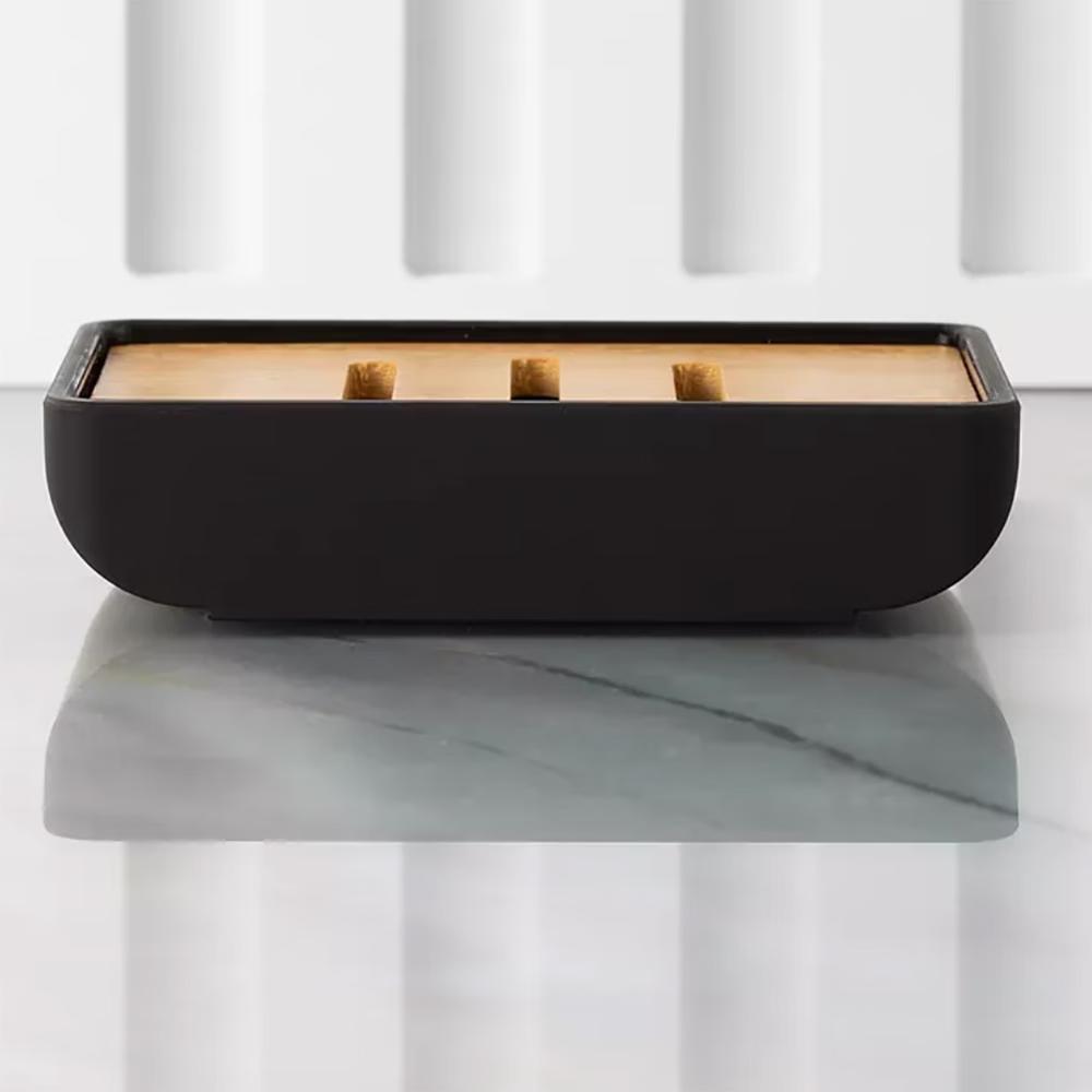French Home Goods Minimalist Hand Soap Dish Rubber and Wood - Image 2