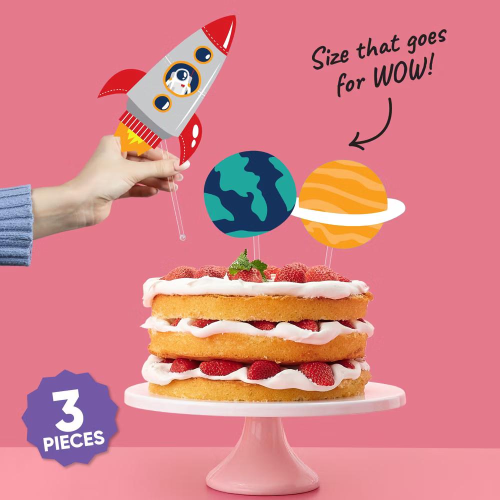 Blast Off to Outer Space Cake Topper Set, Rocket Ship Birthday Party Decorations with Planet and Space-Themed Designs – 3 Count - Image 2