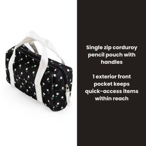 Single Zip Corduroy Pencil Pouch with Handles - Black Mini Tulips, School Supplies