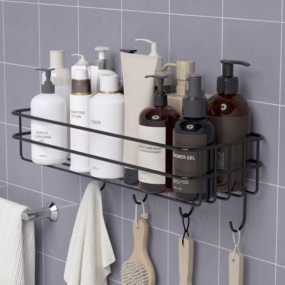 Adhesive Wall Mounted Bathroom Organizer Shelf, Rustproof Shower Caddy Basket with Hooks, No Drilling - Image 3