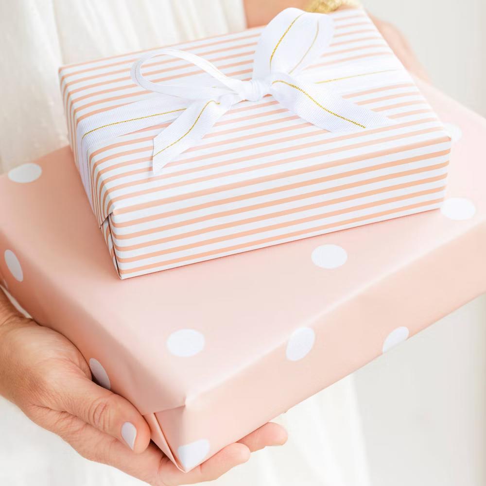 2pk 118"x30" Polka Dot and Striped Wrapping Paper Set Pink/White - Image 6
