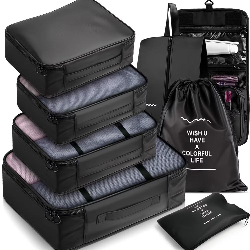 8pc Packing Cubes For Travel, Hanging Toiletries Travel Bags Makeup, Suitcase Luggage Organizer Bags, Travel Cubes Set, Black - Image 3