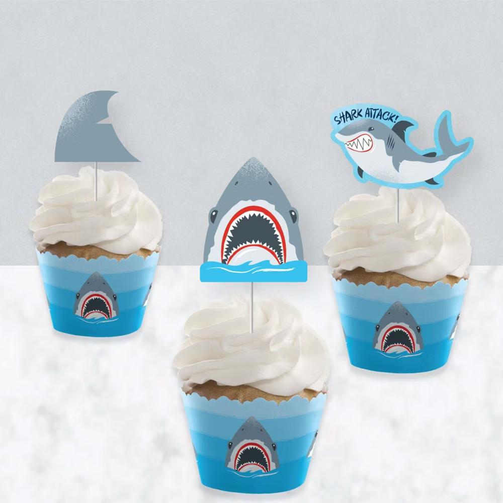 Shark Zone - Cupcake Decor - Jawsome Party or Birthday Party Cupcake Wrappers and Treat Picks Kit - Set of 24 - Image 3