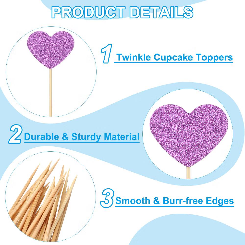 Wedding Engagement Birthday Decoration Heart Shape Cupcake Toppers Picks 50 Pcs - Image 10