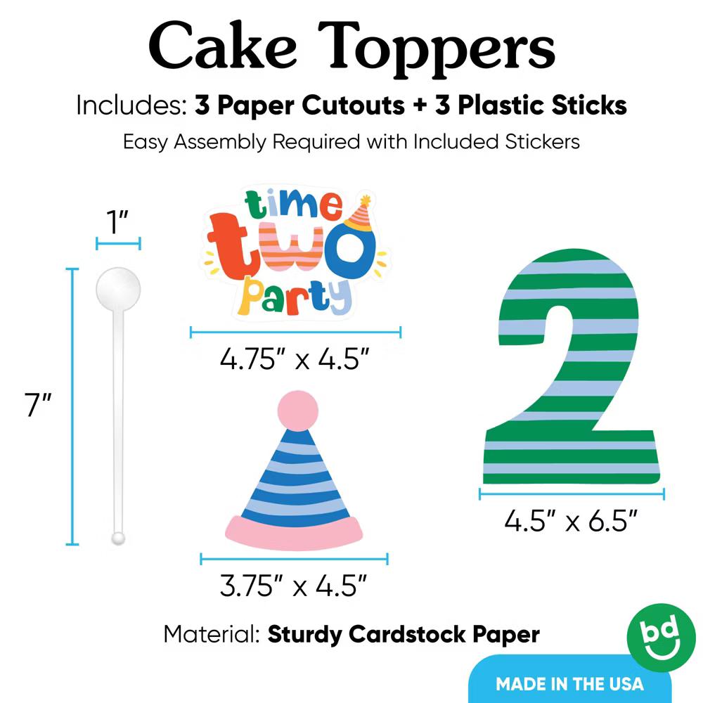 Time Two Party 2nd Birthday Cake Topper Set, Colorful Cake Dessert Decorations, Second Birthday Party Supplies – 3 Count - Image 3