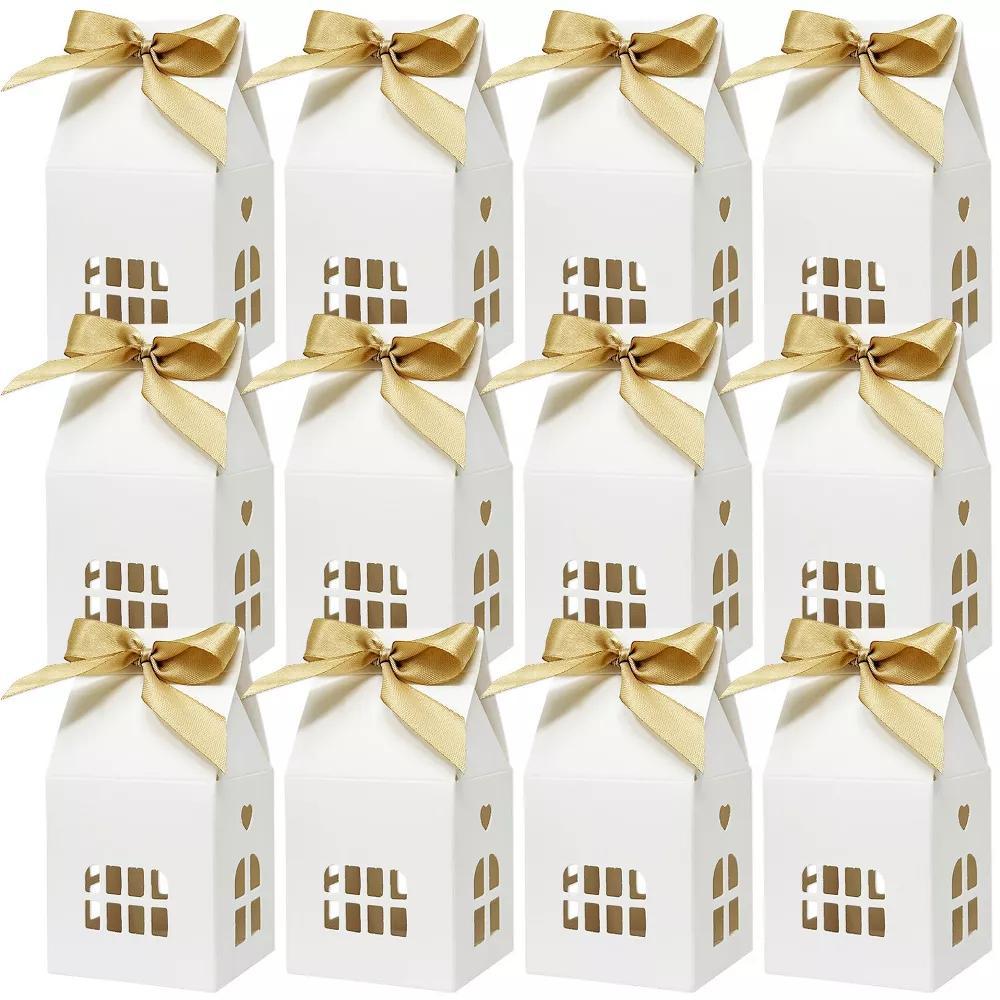 Christmas House Shaped Gift Boxes with Ribbons for Weddings, Housewarming, Cookies, Candies, Treats, Party Favors (Set of 12), White - Image 11