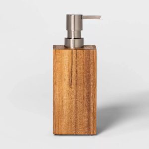Medium Acacia Soap Pump Natural - Wooden Bathroom Dispenser, Spot Clean, 270ml Capacity