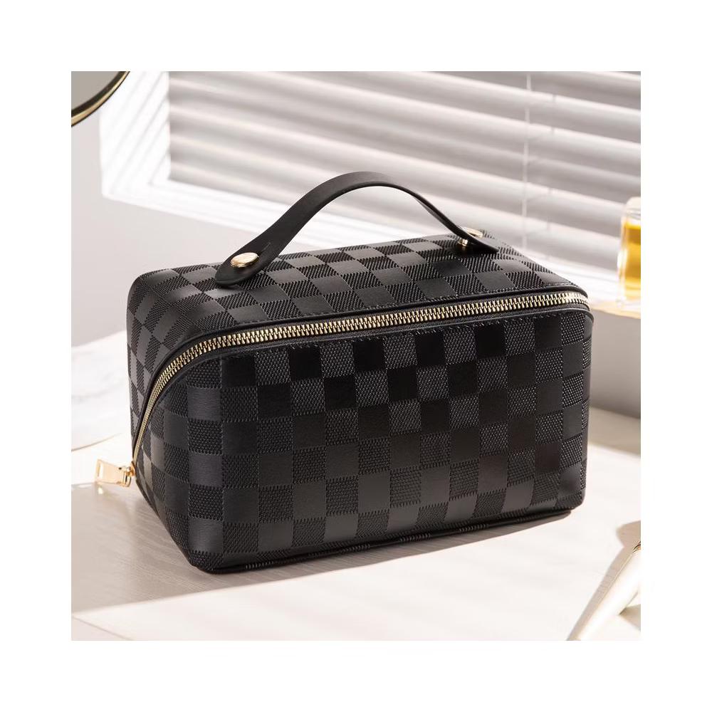 Checkered Makeup Bag, Large Capacity Cosmetic Bag with Handle, Portable Waterproof Travel Toiletry Organizer for Women - Image 2