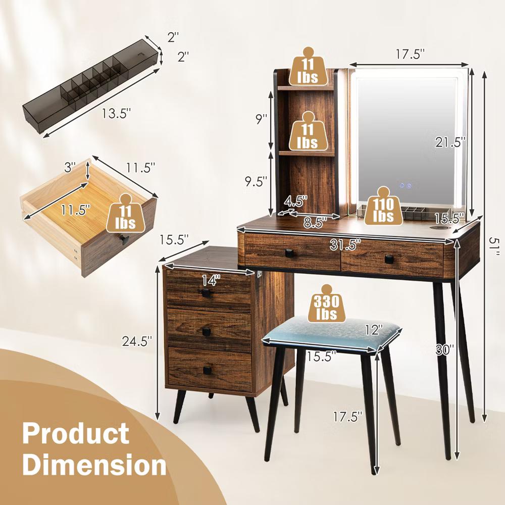 Vanity Set with Dimmable Lighted Mirror 3 Lighting Modes - Image 4
