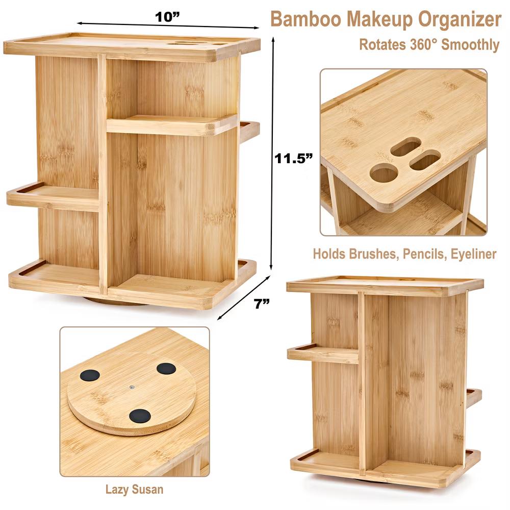 360° Bamboo Rotating Makeup Organizer - Multi-Function Storage Carousel stores Cosmetics, Skin Care, and more - Image 10