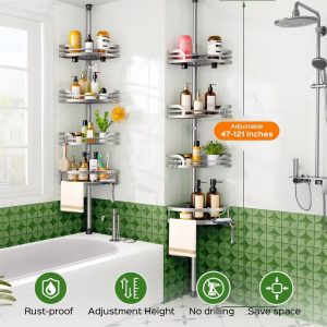 Adjustable Tension Pole Shower Shelf, 4-Tier Corner Caddy with ABS Baskets, No Drill Bathroom Storage