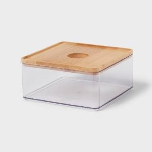 Small Clear Canister with Bamboo Lid - Bathroom Container, Qtip Holder, Spot Clean, 3" Height