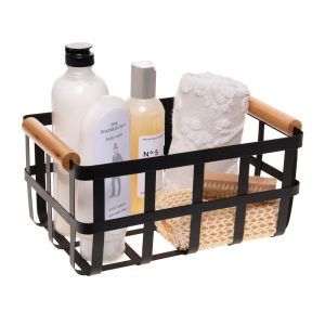 Large Metal Basket with Bamboo Handles Black - Simplify: Iron Bathroom Organizer, Spot Clean, 360 Volume