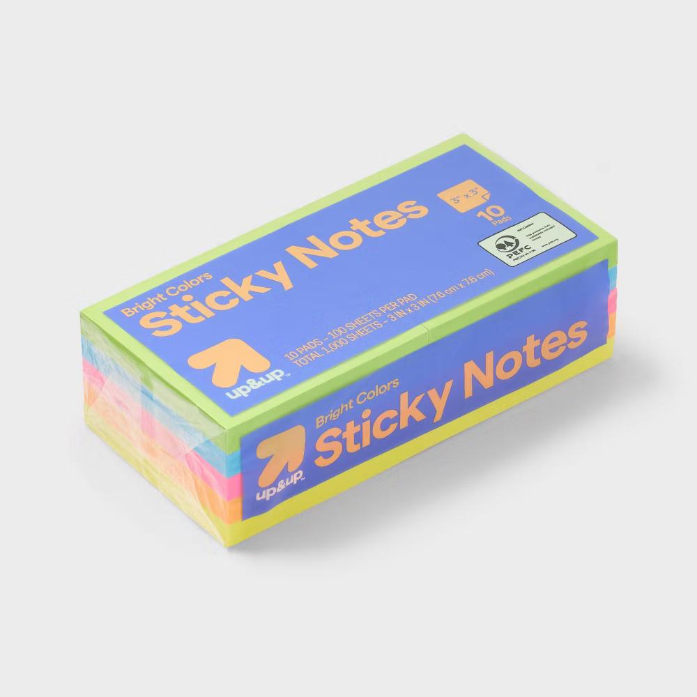 Sticky Notes 10pk 100ct per Pack - 3x3 Inch Multicolor, Uncoated Paper, Office Supplies, Glue Binding