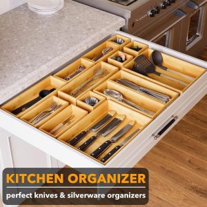 7-Piece Bamboo Drawer Organizer Set – Multi-Use Divider Bins for Kitchen, Bathroom, Office, and Makeup Storage, Natural
