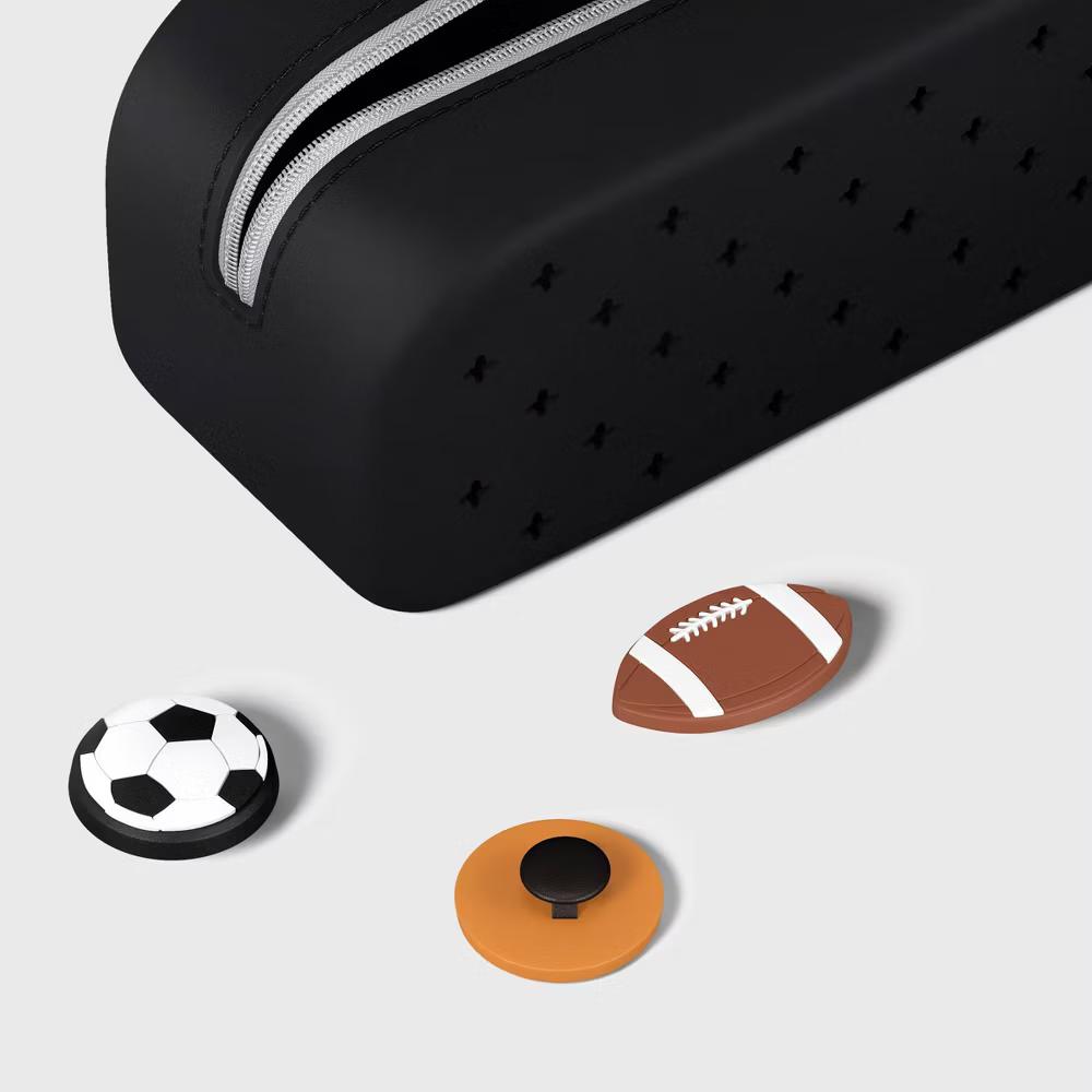 Single Zip Silicone Pencil Pouch Black with Sports Charms