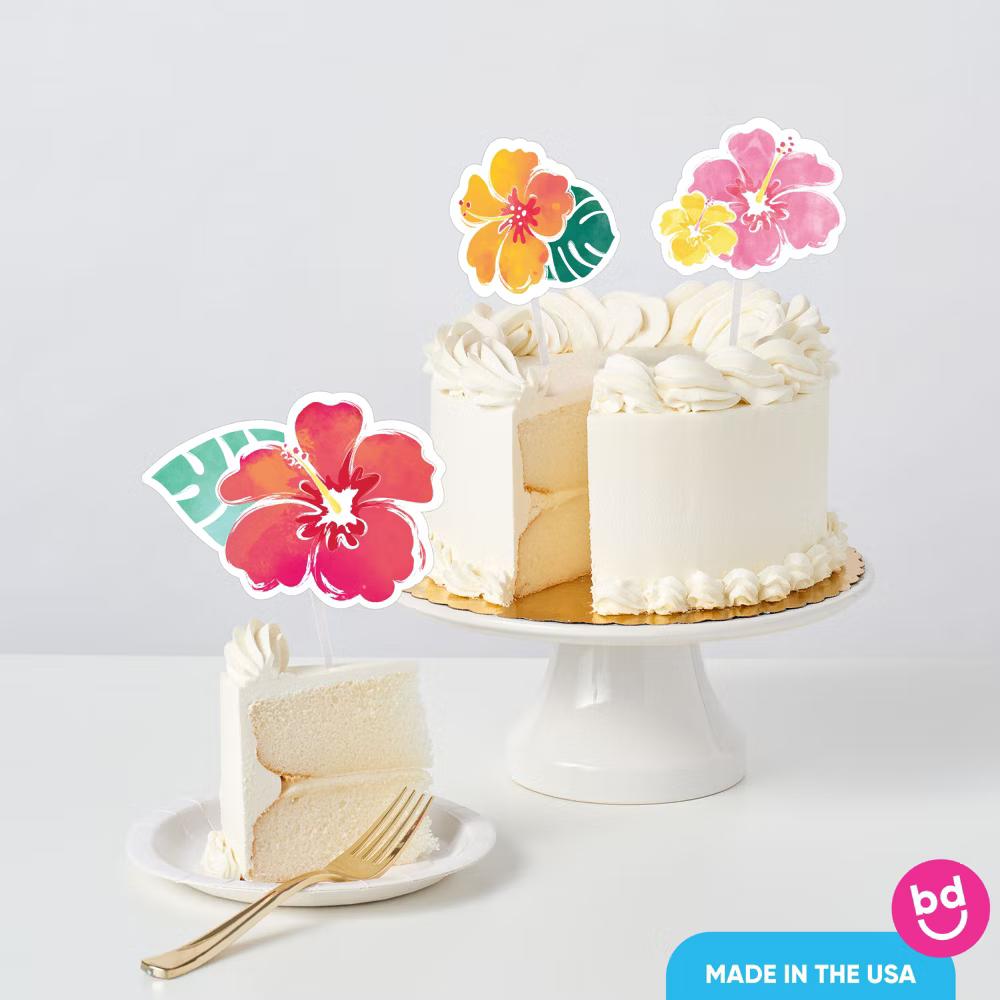 Hawaiian Luau Cake Topper Set, Hibiscus Tropical Floral Party Dessert Decorations for Luau Birthday or Summer Party – 3 Count - Image 2