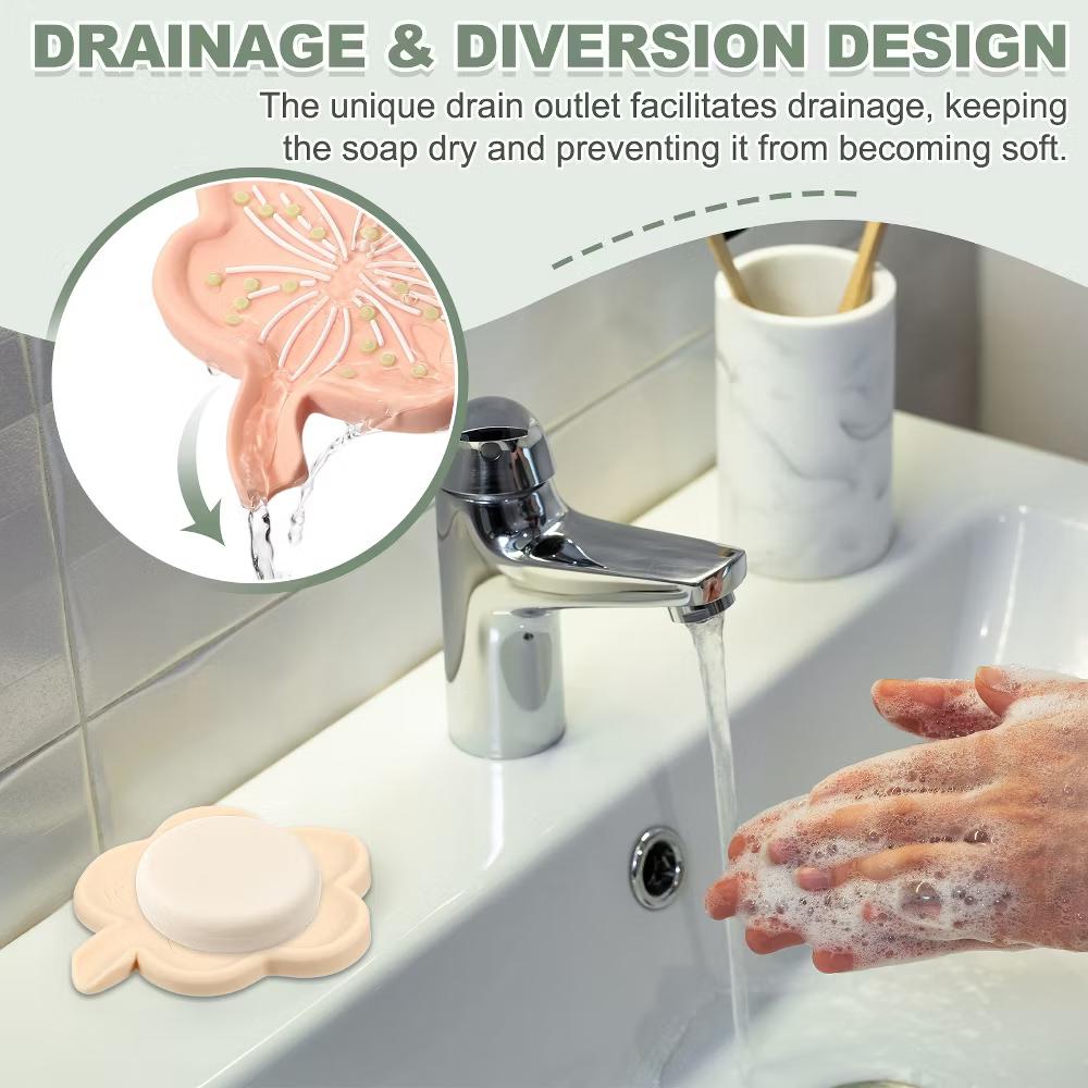 Silicone Soap Dish with Drain Spout, Portable Self Draining Flower Shape Soap Saver Holder - Image 3