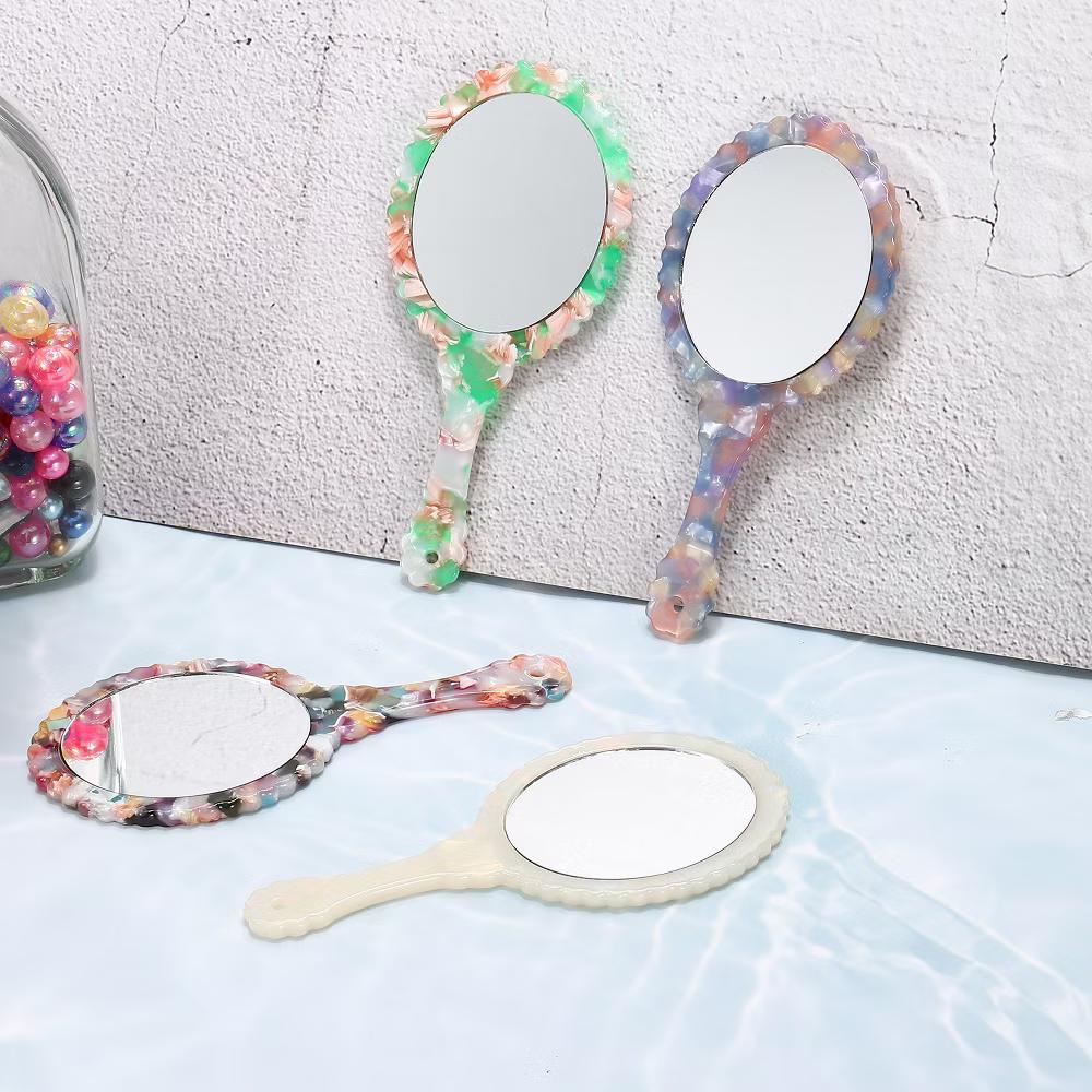 Oval Vintage Acetic Acid Handle Cosmetic Travel Hand Held Mirror