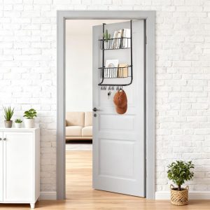 Over The Door Organizer, 2-Tier Metal Shower Caddy with 6 Hooks, Adjustable Hanging Storage