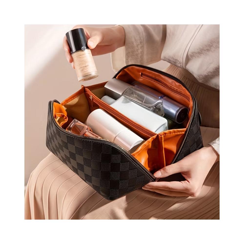 Checkered Makeup Bag, Large Capacity Cosmetic Bag with Handle, Portable Waterproof Travel Toiletry Organizer for Women - Image 14