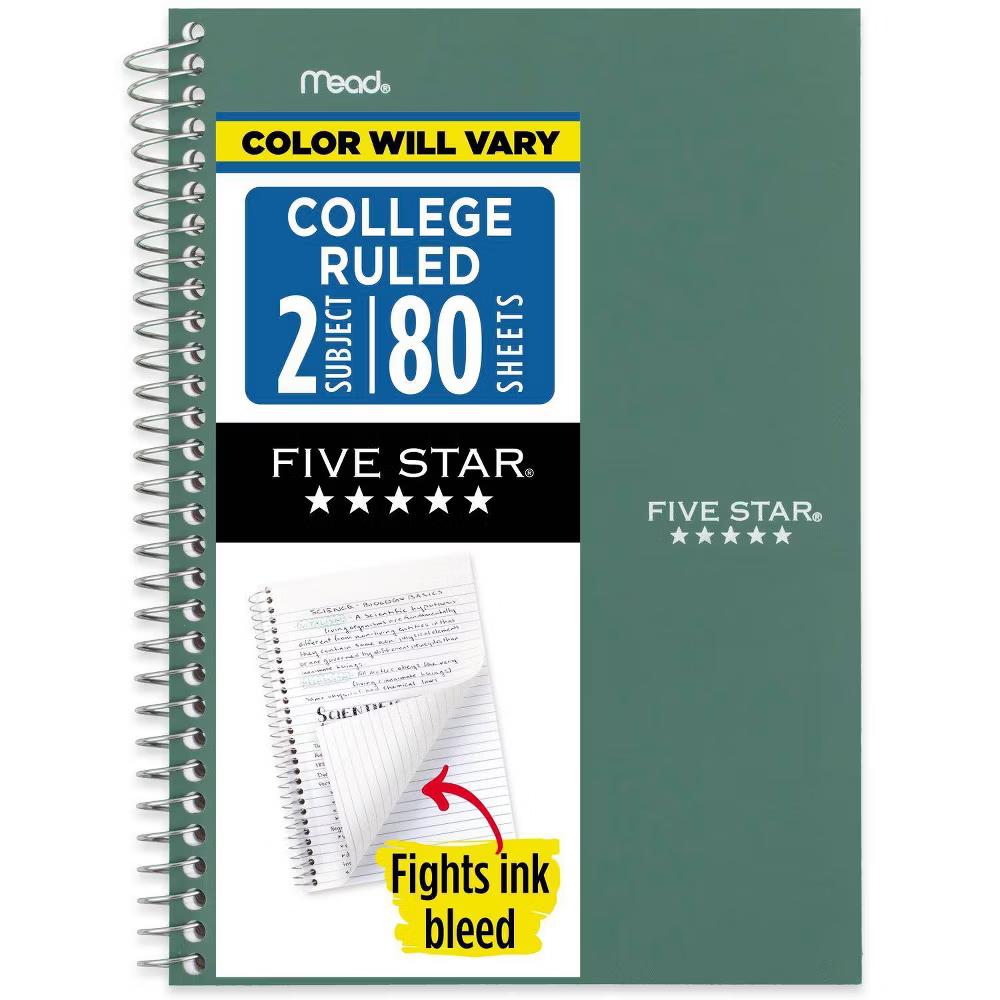Five Star 80pg 2 Subject College Ruled Notebook 9.5"x6": Spiral, Wire-Bound, Acid-Free, Perforated, Water-Resistant, Pocket - Image 6