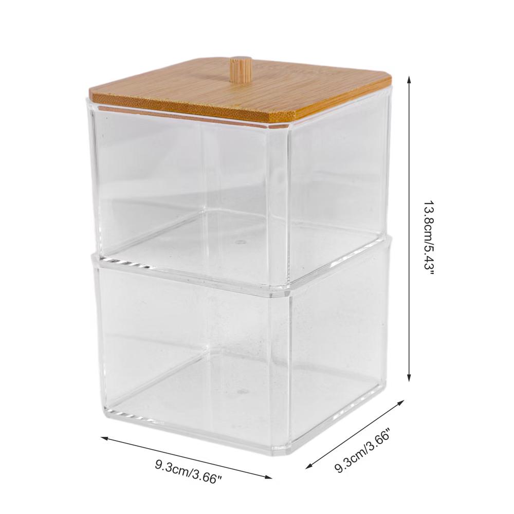 Square Bamboo Cover Acrylic Cotton Swab Holder Bathroom Transparent Wood-Tone 1 Pc - Image 2