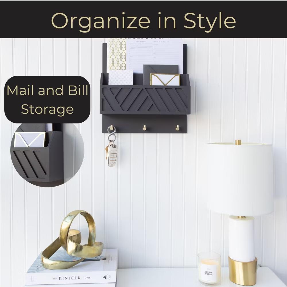 Wall Mounted Mail Organizer with 2 Slots and 3 Hooks – Multiple Finishes – MDF Wood - Image 13