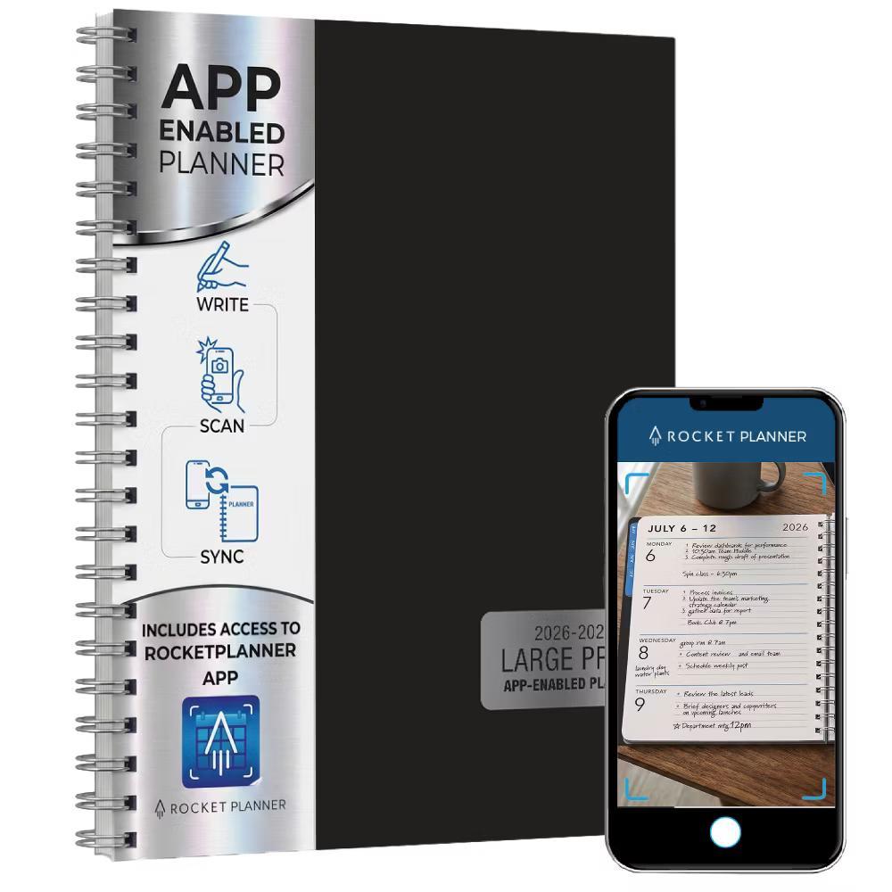 Excello Brands Rocketplanner App Large Print Academic Planner 2026-2027, 15 Month 8.5 11 Black Smart Planner, Scan Events,Outlook Google Apple