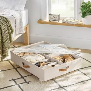 Underbed Storage with Wheels and Adjustable Dividers Off-White