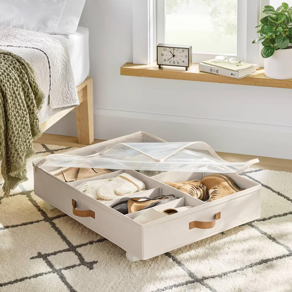 Underbed Storage with Wheels and Adjustable Dividers Off-White