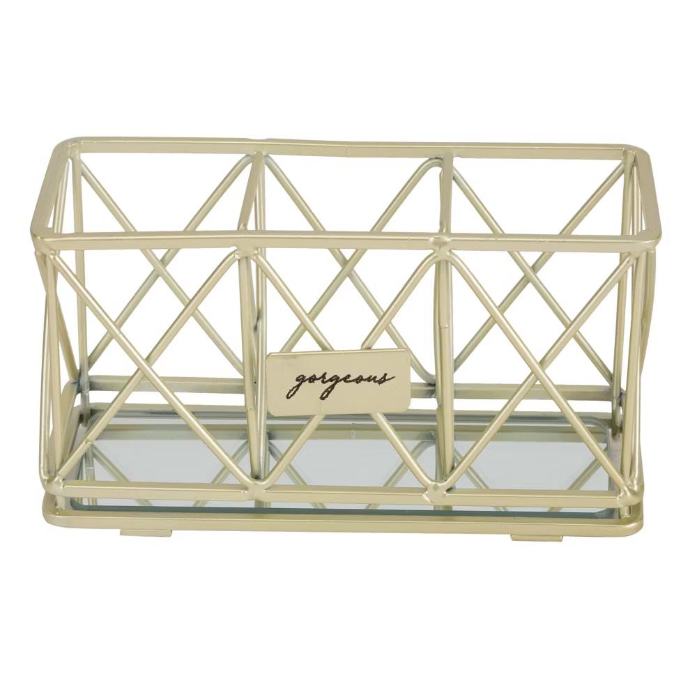 3 Compartment Cosmetic Brush and Pencil Organizer Gold - Steel Bathroom Storage Tray, Spot Clean