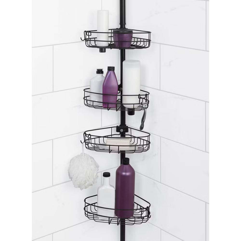 Corner Tension Pole Shower Caddy Bronze - Zenna Home: Metal Bath Organizer, 4 Baskets, Adjusts 5' to 9' - Image 4