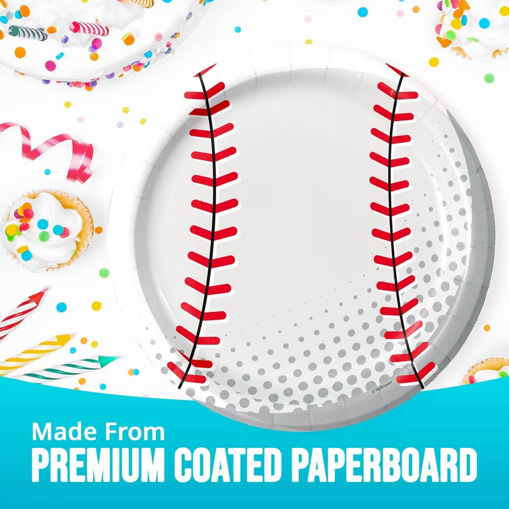 Say Hooray! Sport Spirit Red and White Baseball Party Disposable Paper Plates 9" - 32ct - Image 2
