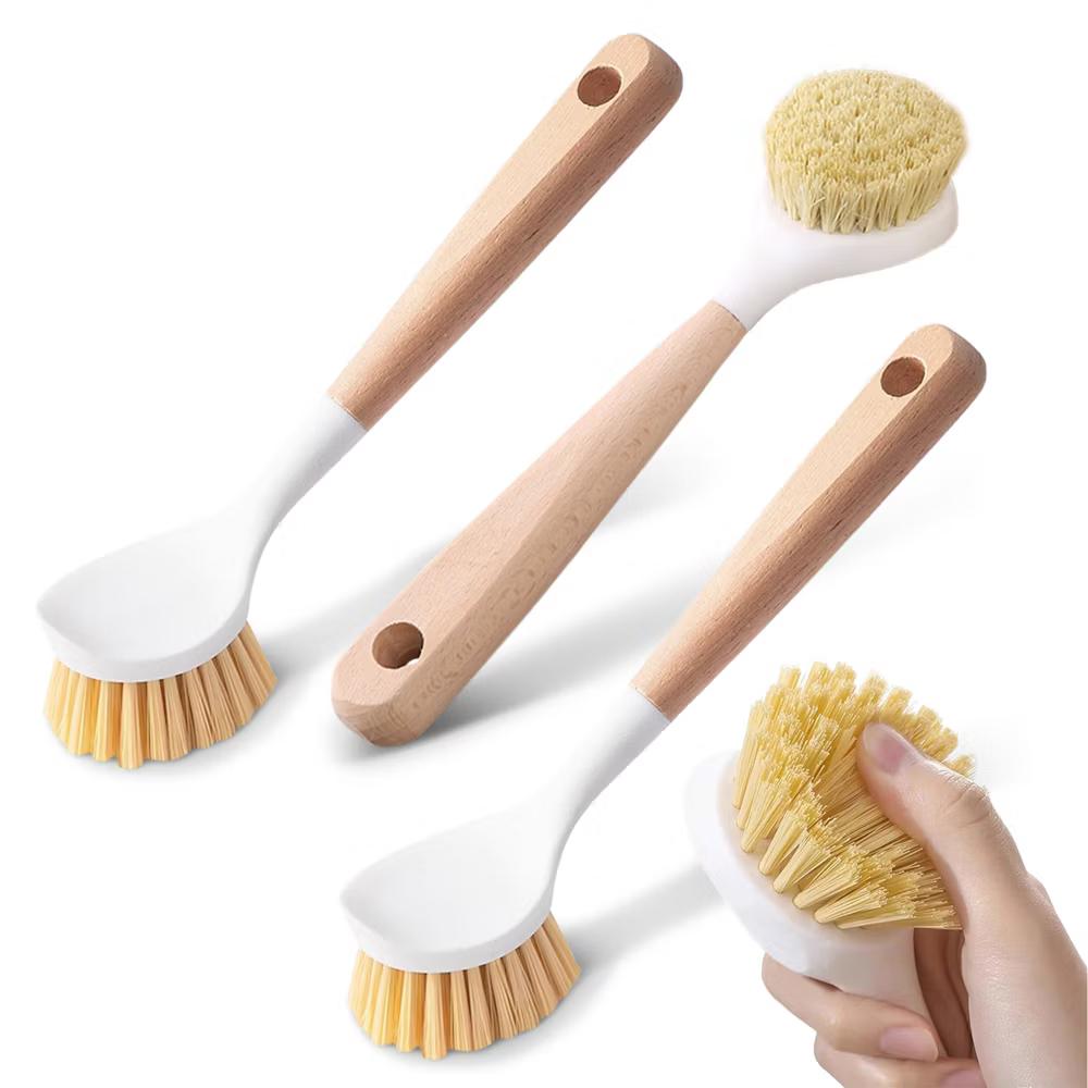 3-Piece Bamboo Dish Brush Set with Scraper and Tough Sisal Bristles - Image 4
