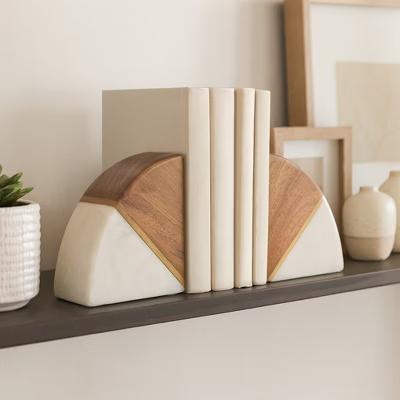 Stylish Curved Marble Book Ends with Wood Accent - Modern Bookend for Home Library, Desk, or Coffee Table Decor - Set of 2, 5", White & Brown - Image 6