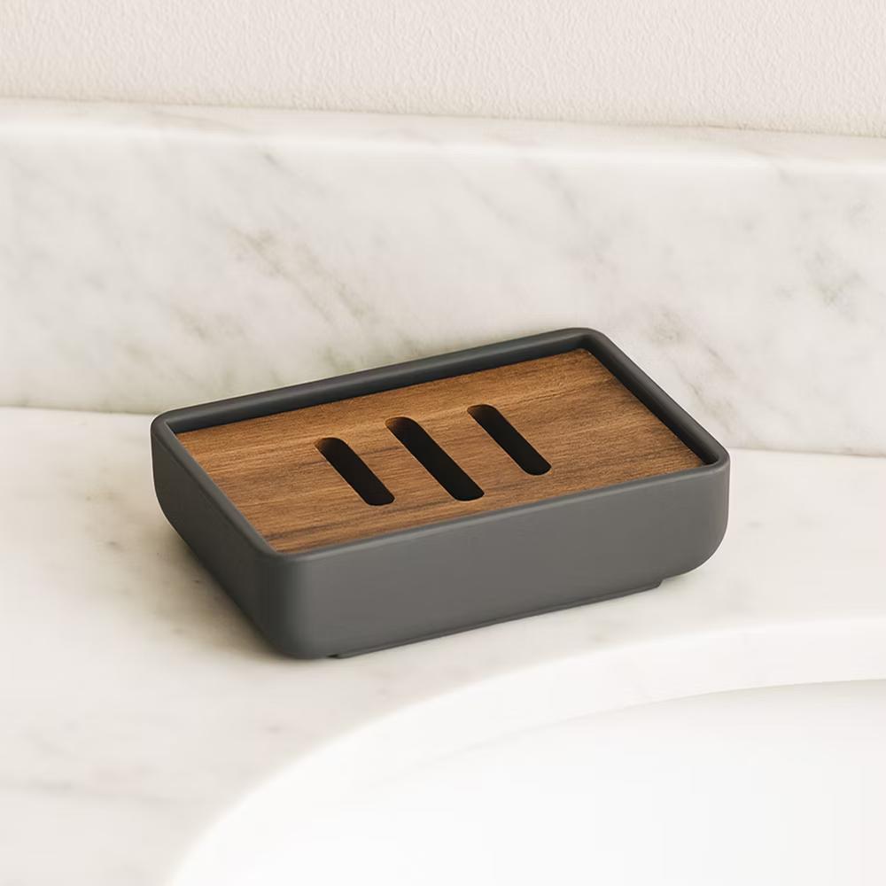 French Home Goods Minimalist Hand Soap Dish Rubber and Wood - Image 19